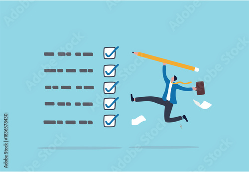 Complete task get work done, accomplish work or finish checklist, project management or good result survey, productive concept, happy businessman jumping high after completed tasks or accomplish work