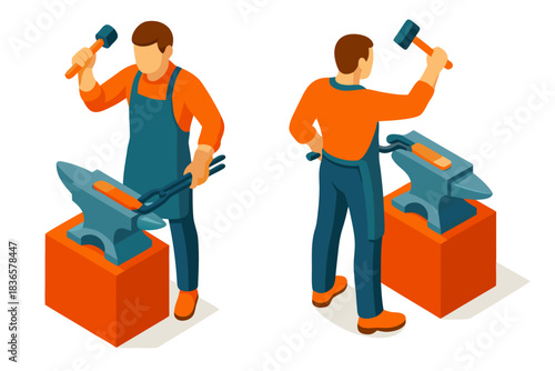 A cartoon illustration of a blacksmith working with a hammer and anvil