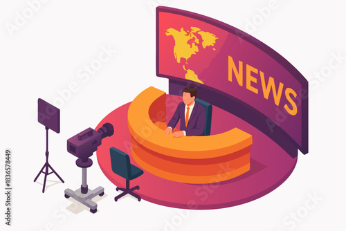 A news anchor sits at a desk with a large screen behind him