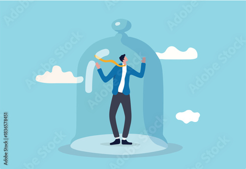 Business stagnation with no growth, obstacle or limitation in career development, punishment with no freedom in business concept, depressed businessman imprison or covered in small glass dome.