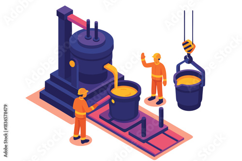 Industrial workers handling molten metal in factory