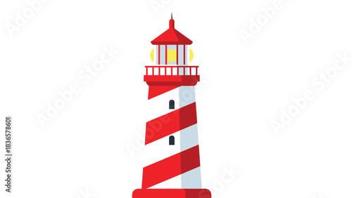 Striking red and white striped lighthouse beacon shines brightly offering maritime guidance and safety