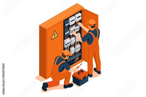 Technicians repairing electrical panel in modern industrial setting