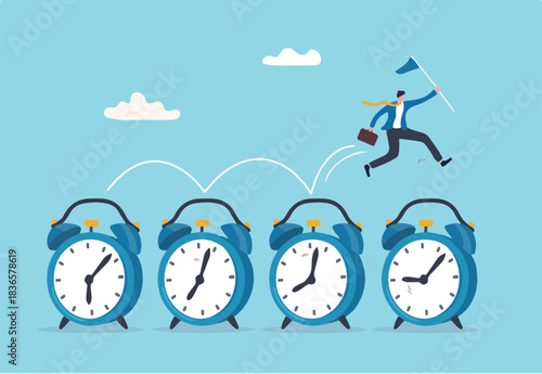 Time management, procrastination or work productivity, finish project within deadline, work efficiency or planning, fast pace project concept, businessman expert jumping on time passing alarm clock