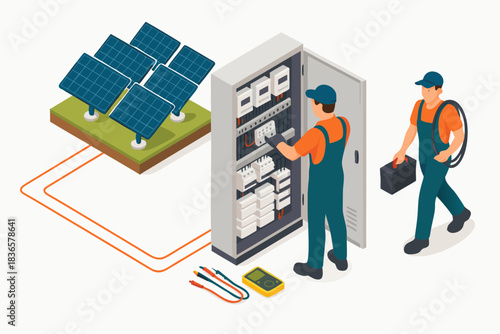 Solar panel installation team connecting energy system in modern sustainable home for eco-friendly living and clean energy future