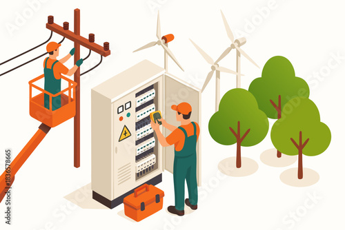 Electrician repairs power lines and wind turbines for sustainable energy solutions in modern green power generation systems