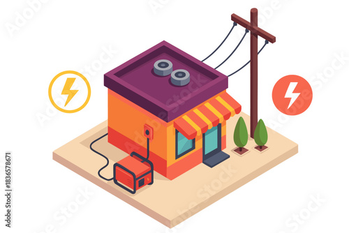 Isometric small business building connecting to electric grid for sustainable power supply