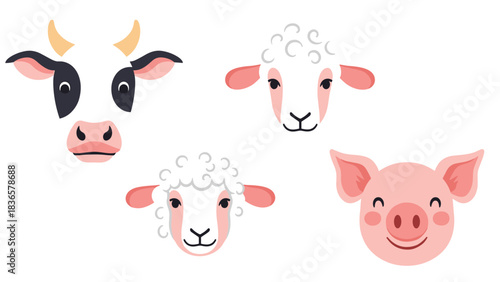 Cute cartoon farm animals for educational resources cow sheep pig nursery decor and children's designs with charming faces