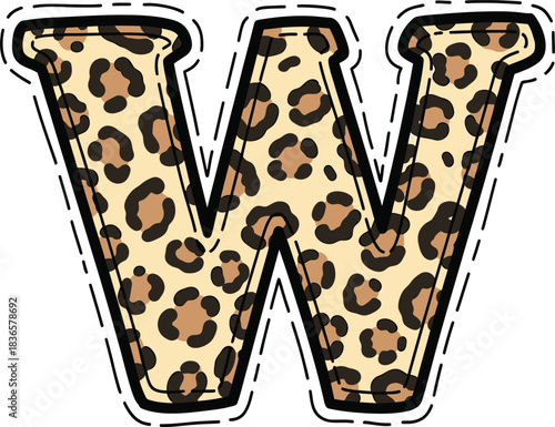 Leopard Print Letter W Patchwork Style Design Element Isolated on Transparent Background