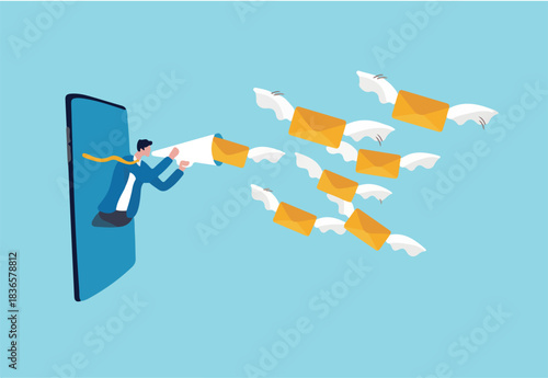 Email marketing campaign, subscription newsletter or online announcement to customer, digital advertising concept, businessman on mobile phone using megaphone to send flying email newsletter online.