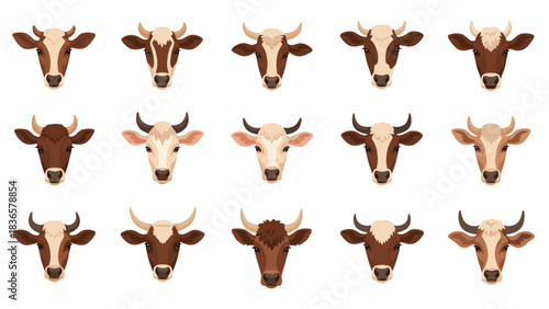 Diverse cow head portraits for farm fresh brands and dairy product packaging, use these for your innovative agricultural projects