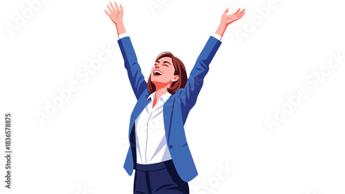 Stunning professional woman celebrating major business success with arms raised high in triumph