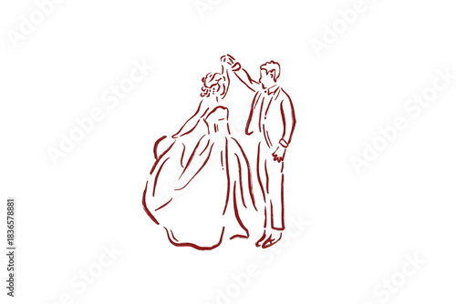 Hand-Drawn Wedding Clipart red line art illustration of a dancing wedding couple isolated on transparent background