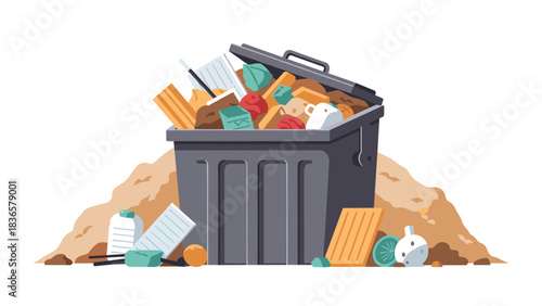 Overflowing garbage can surrounded by discarded waste highlights urgent pollution and waste management crisis issues