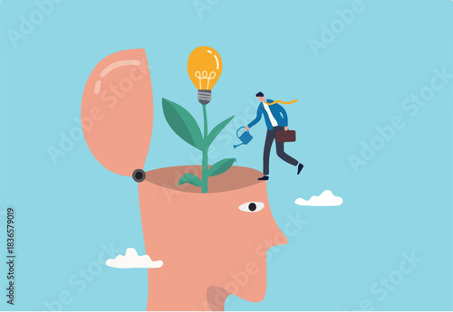 Grow new idea, plant innovative creativity, develop imagination to solve business problem, growth mindset or critical thinking concept, businessman watering seedling plant with lightbulb idea flower.