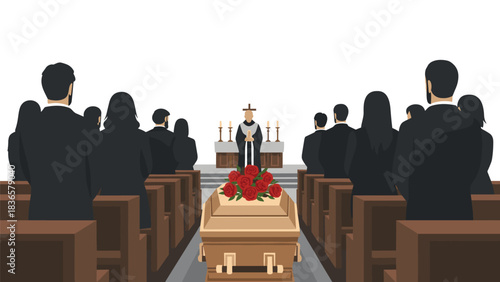 Mourners attend solemn Christian funeral service with casket draped in red roses before pastor