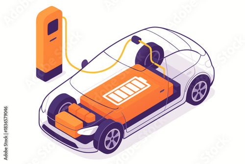 Modern electric vehicle charging station powering up internal battery system for sustainable future travel