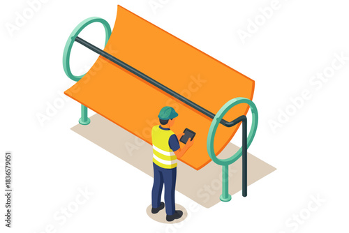 Technician inspecting large parabolic solar collector for clean renewable energy generation in industrial setting