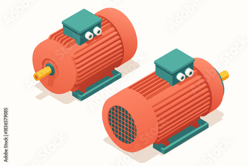 Two bright orange electric motors shown in isometric perspective for industrial engineering concepts