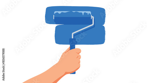 Freshly painted wall with a vibrant blue roller, perfect for DIY projects and home improvement inspiration, creating a modern look