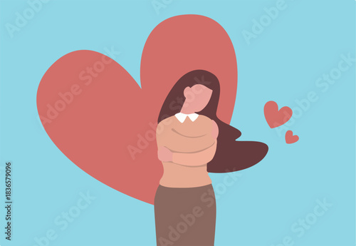 Self care is take care of yourself and wellbeing, enjoy exercise, sleep and hobbies, help you stay healthy, balance life, and better cope with stress and anxiety, happy woman hug herself with hearts.