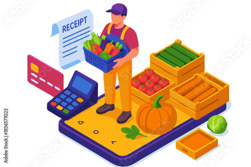 Dynamic delivery worker holding fresh produce atop a smartphone symbolizing online grocery ordering