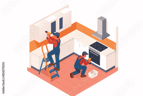Skilled technicians expertly installing modern kitchen appliances and cabinetry in a bright isometric view