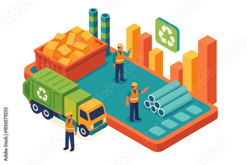 Eco-friendly waste management system for sustainable future with recycling plant, workers, and truck for green initiatives