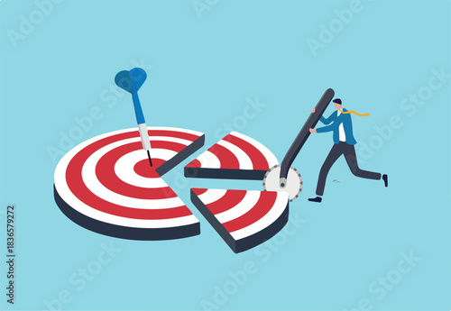 Break down big goal into small achievable goals, success strategy to focus on short, medium and long term goals to achieve final accomplishment, businessman break down dartboard target into chunks.
