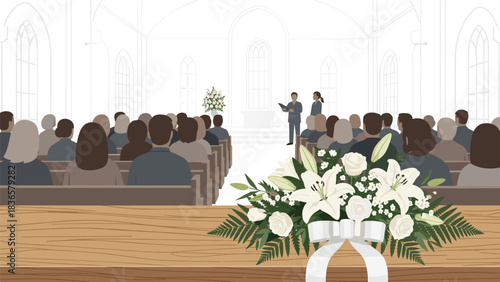 Mourners attending a somber religious service or funeral ceremony inside a brightly lit church sanctuary