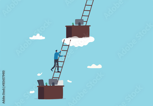 Career path or job promote, occupation or ladder of success, growth step or progress to achieve goal, challenge and ambition concept, businessman climb up ladder from his working desk to higher level.