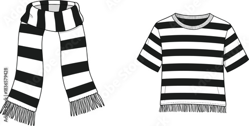 Striped Scarf and T-Shirt Fashion Technical Drawings, Black and White Stripe Pattern, Casual Apparel Set - CAD Drawing Flat Vector Illustration