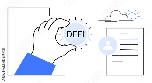 Finance, blockchain, cryptocurrency, fintech concepts, token trading, and digital economy. Hand holding DEFI icon with documents. Finance and blockchain visualization