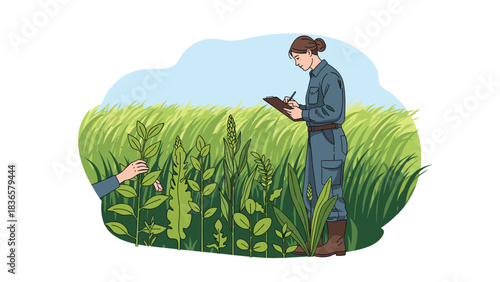 Professional agronomist diligently examining crop health and recording data in vibrant green field under blue sky