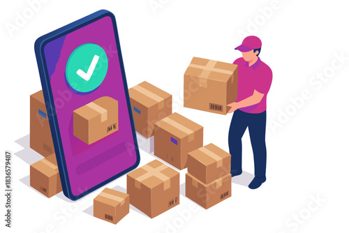 Dedicated delivery worker efficiently handles confirmed package shipment near large mobile confirmation screen