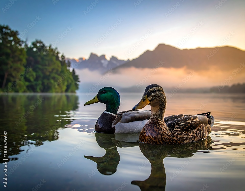 Fototapeta premium Two ducks float gently on serene lake with scenic mountain backdrop