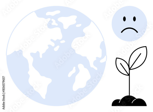 Environmental awareness. Earth, a sad face, and a dying plant symbolize environmental issues and global sustainability challenges. Environmental education, climate awareness, green advocacy