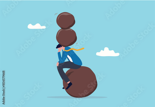Burden, obligation to pay off, heavy stress problem or difficulty, work pressure thinking to make decision, overload duty or overthinking concept, businessman thinking with heavy burden boulder rock.
