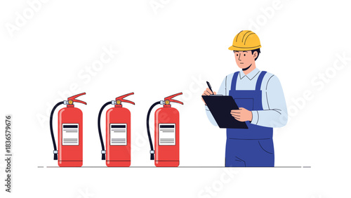 Professional technician inspects row of fire extinguishers ensuring workplace safety and compliance with maintenance checks