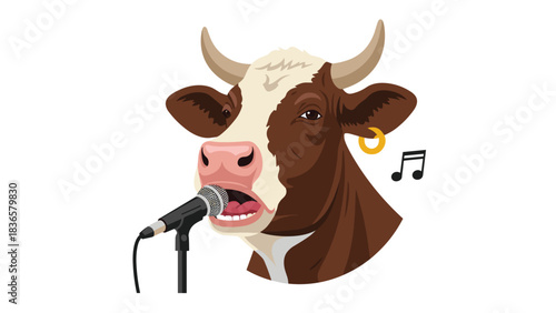 Funny cartoon cow with earring passionately singing into a microphone with musical notes floating by