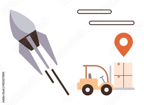 Rocket taking off representing speed and innovation, forklift transporting boxes towards marked location. Ideal for logistics, innovation, delivery, business growth, technology, transportation