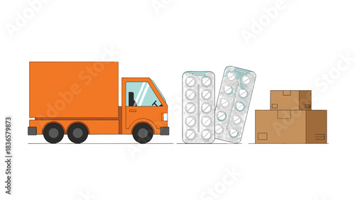 Efficient orange delivery truck transports vital medication pills and packaged logistics boxes securely