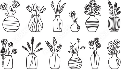 Collection of flower vase line art perfect for digital crafts