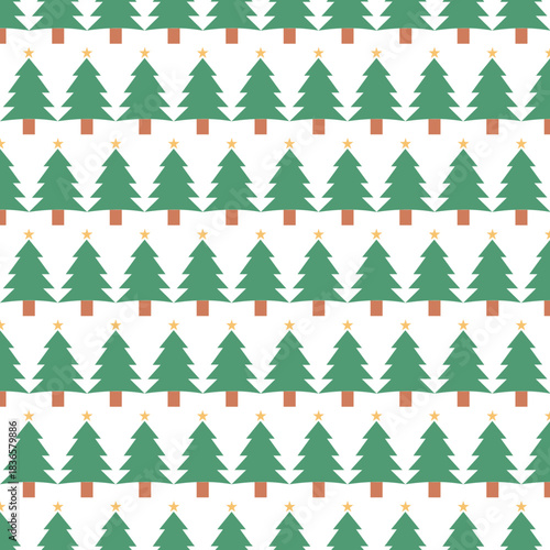 Seamless pattern of cute green Christmas trees with stars on white.