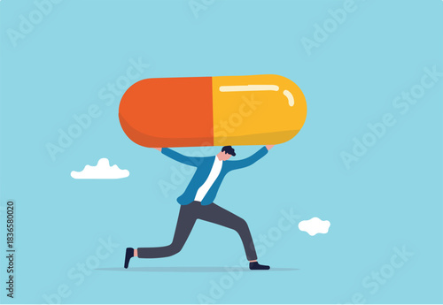 Medical debt, health care and treatment cost from Covid-19 disease, hospital expense or drug and medicine bills concept, broke bankrupt man carrying giant medicine debt burden after cure from COVID-19