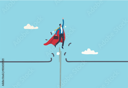 Breakthrough business barrier, overcome difficulty or obstacle to success, solve problem, business solution or leadership and effort for growth, powerful businessman superhero breaking barrier line. 