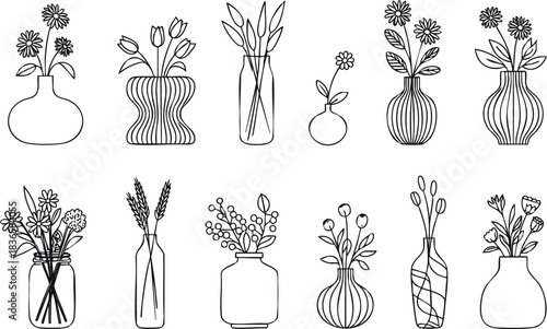 Elegant collection of flower arrangements in vases black and white line art