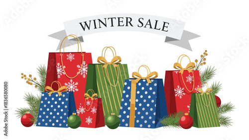 Vibrant collection of holiday shopping bags announces exciting winter sale promotions with festive decorations