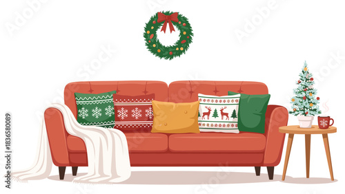 Cozy Christmas living room scene with decorated tree and festive wreath above a comfortable couch perfect for holiday cheer
