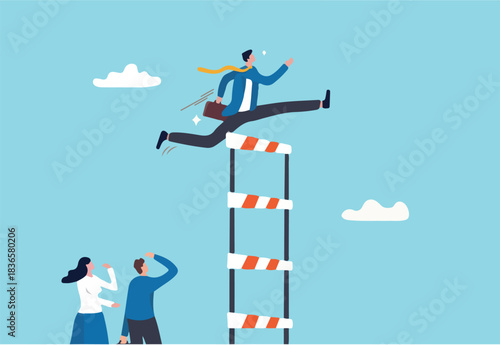 Skill level or experience to overcome challenge and succeed, personal development or improvement, professional or expert level concept, confidence businessman jump across highest level of hurdles.